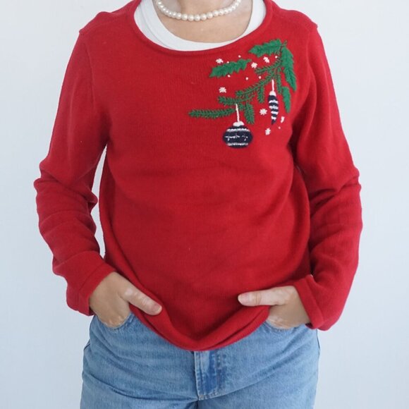 Vintage Liz Claiborne Red Green Embroidered Christmas Ornaments Knit Crewneck L - Picture 1 of 10